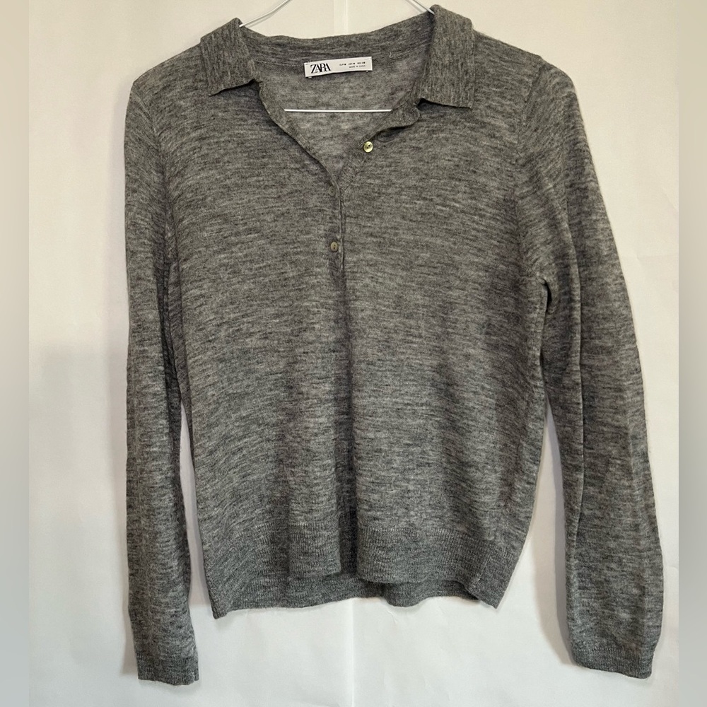 Zara Gray Wool Alpaca Sweater Collared Button-up Long Sleeve Top Women’s Size M